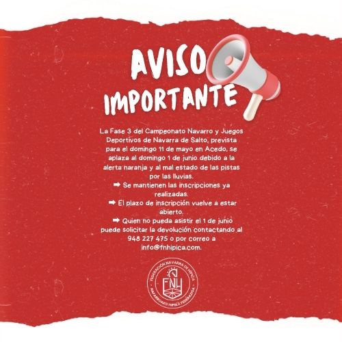 La FNH aplaza la Fase 3 del Campeonato Navarro y Juegos Deportivos de Navarra de Salto por la alerta naranja y las intensas lluvias